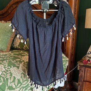 Navy Tassel-Hem Women’s Peasant Top